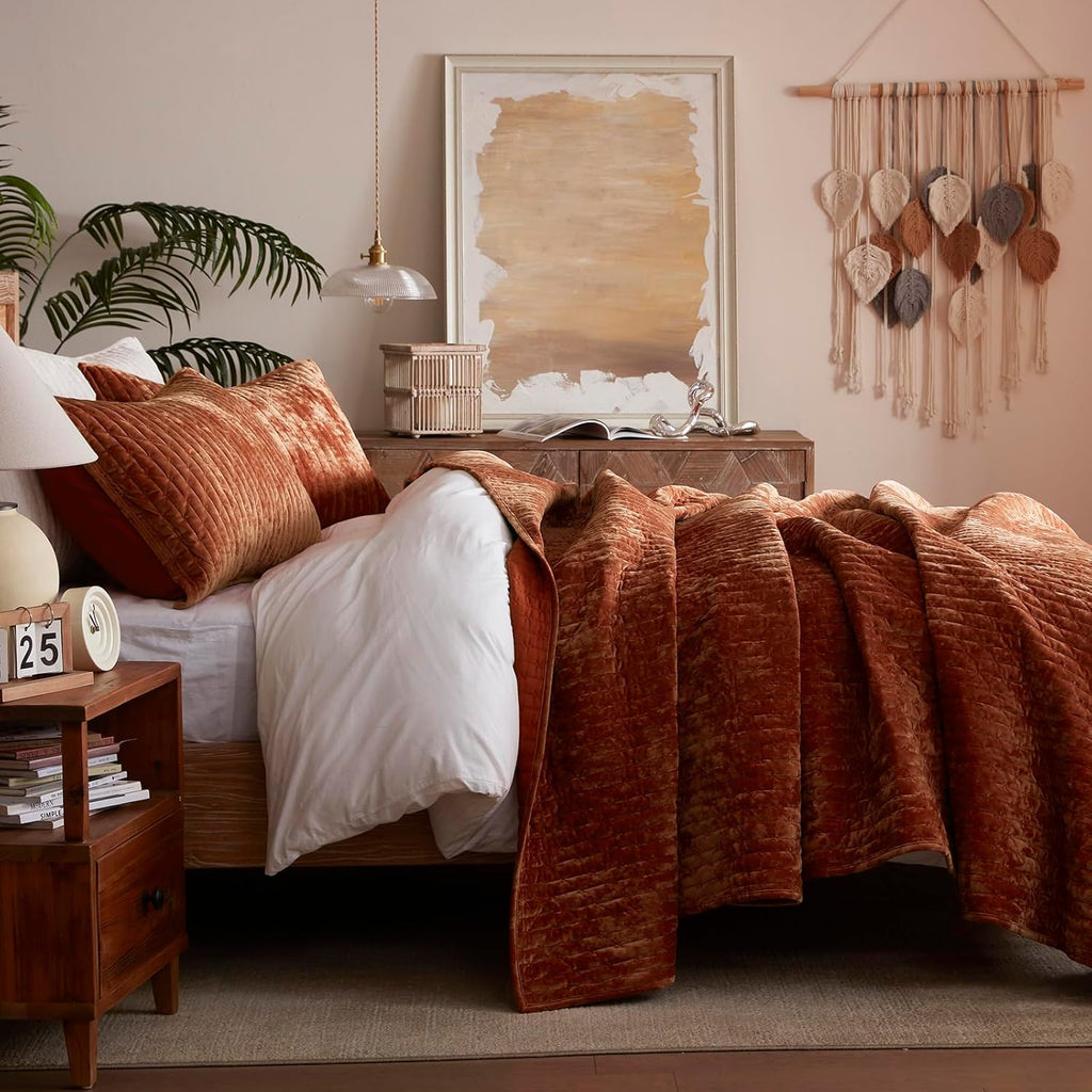 Velvet Quilt King 98''x106'', Lightweight Burnt Orange Velvet Comforter Set with 2 Matching Shams, Soft Cross Stitch