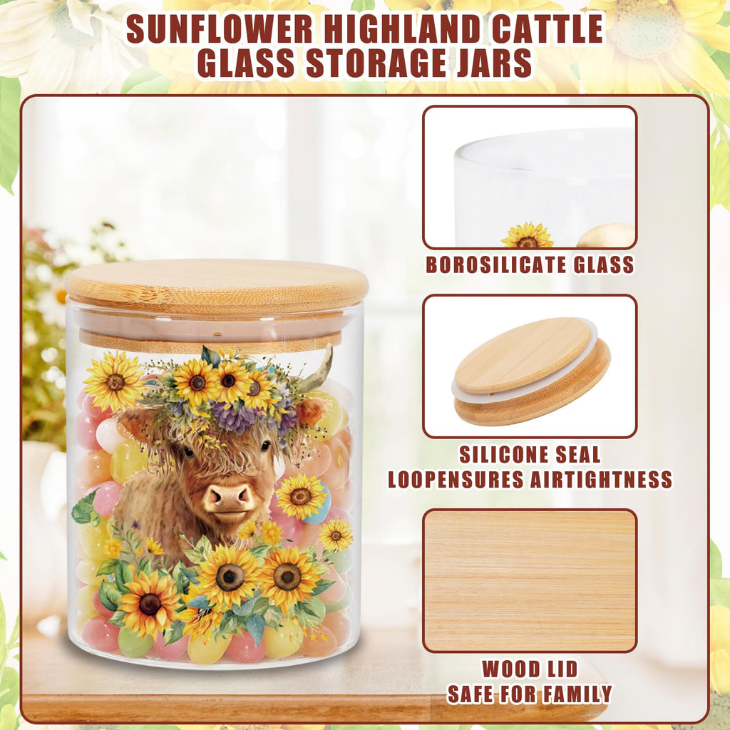 3Pcs Highland Cow Sunflower Glass Storage Jars With Airtight Lid Cattle Floral Decorative Canisters Sets for Cookie