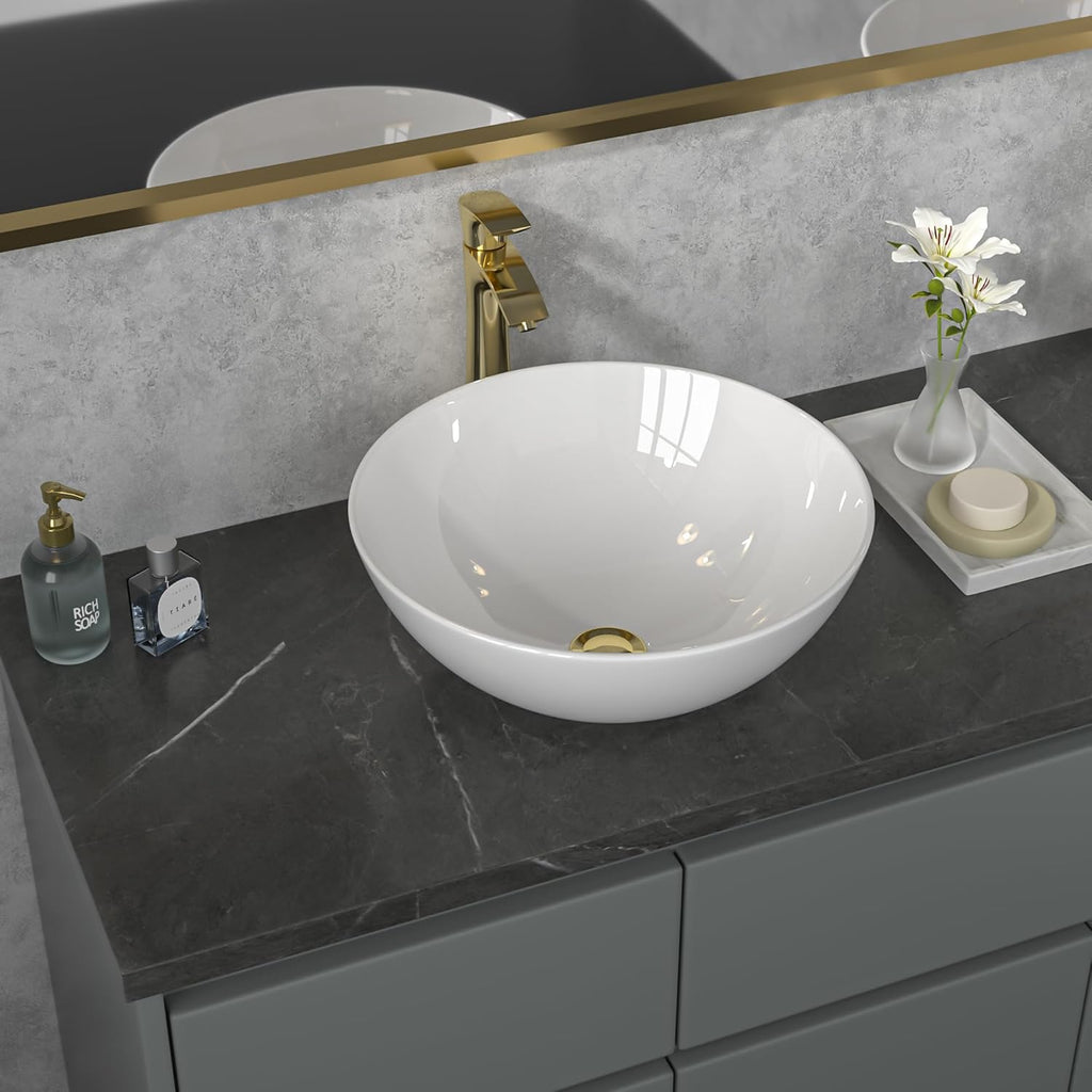 Sarlai Vessel Sink Round - 16"x16" Modern Round Bowl Above Counter White Porcelain Ceramic Bathroom Vessel Vanity Sink