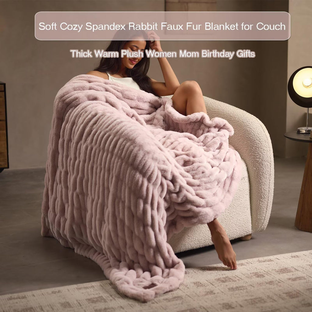 Double Side Faux Fur Throw Blanket, Cozy Soft Fuzzy Fluffy Faux Rabbit Fur Blanket for Couch, Bed, Sofa, Room