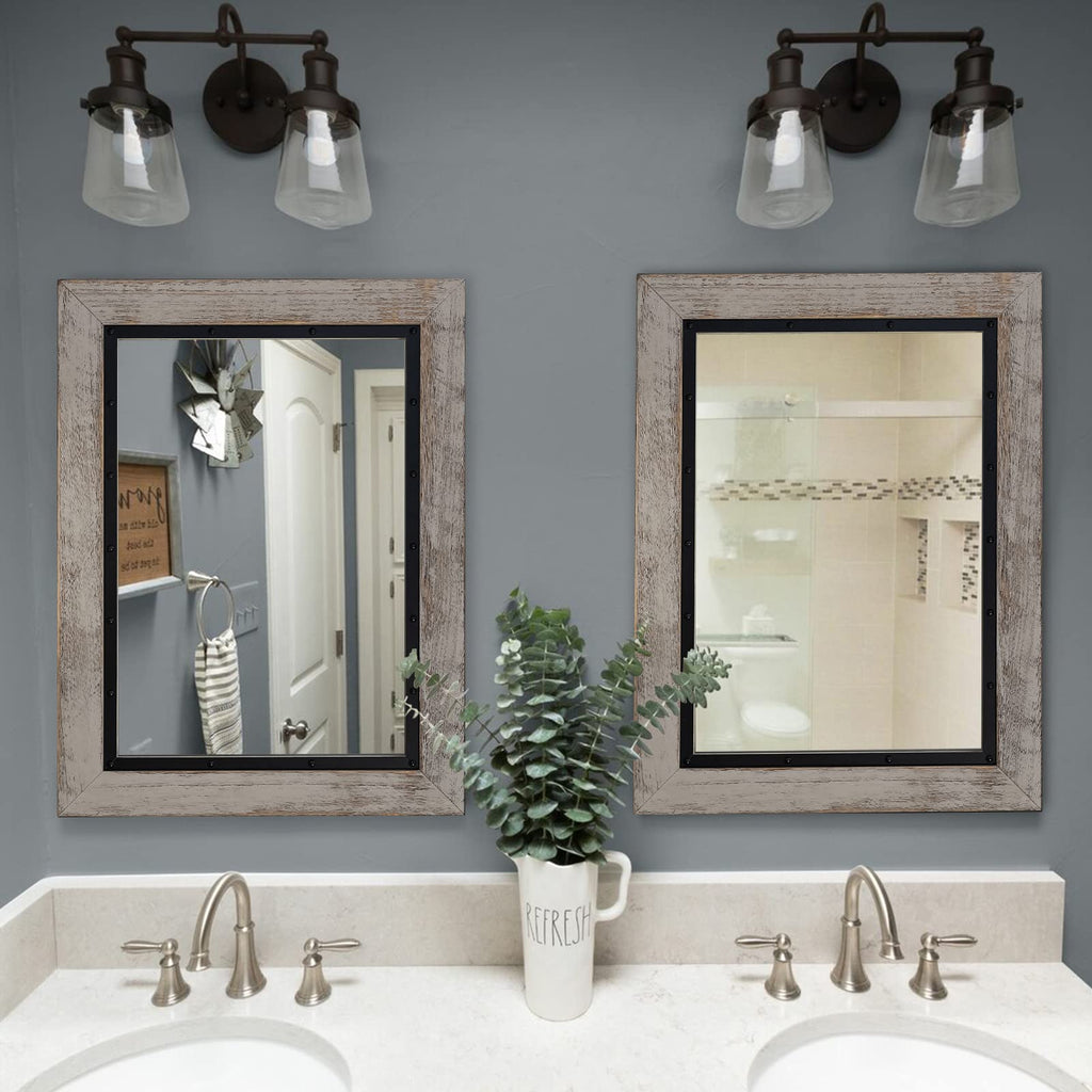 Rustic Wooden Framed Wall Mirror, 30"x20", Natural Wood and Iron Bathroom Vanity Mirror for Farmhouse Decor, Vertical
