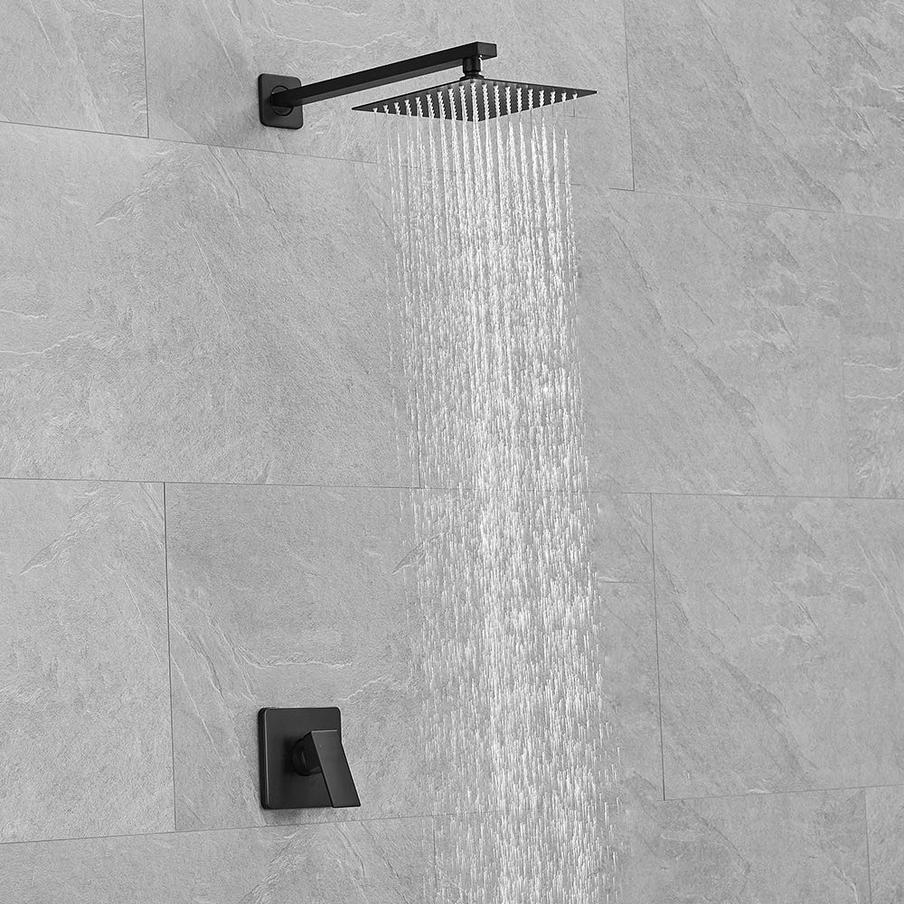 Matte Black Shower Faucet Set, Single Function Shower Trim Kit with Rough-in Valve, Square Rain Shower Head System