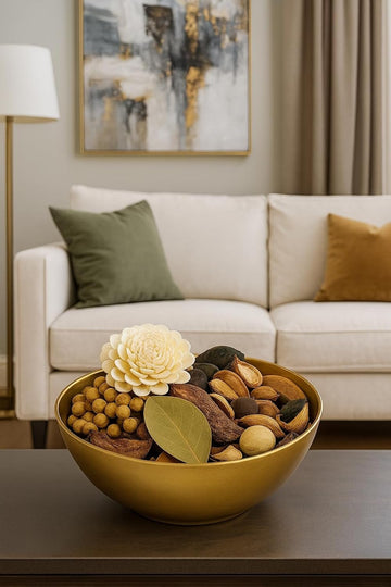 Decorative Potpourri Bowl Set with Dried Flowers, Natural Elements in Gold Metal Bowl, Fragrant Home Decor, Living