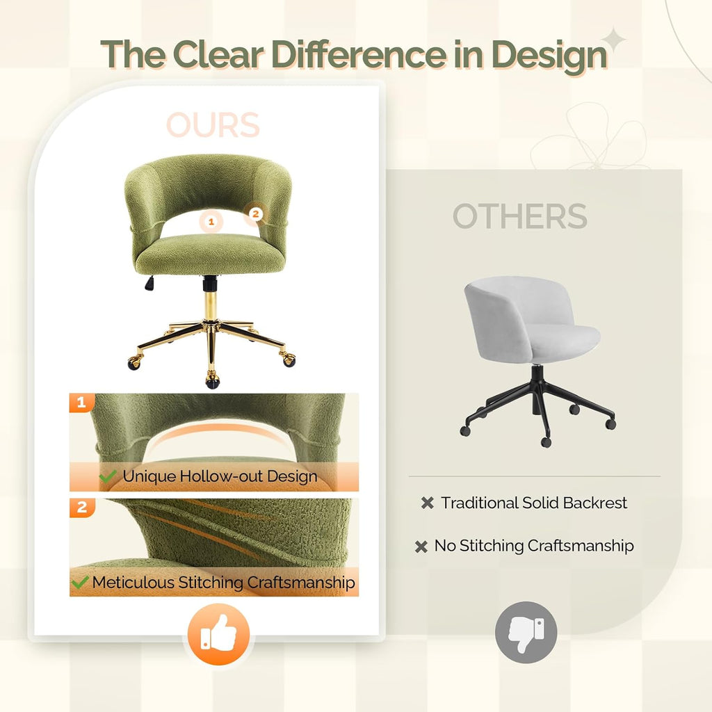Modern Curved Office & Vanity Desk Chair, Cute Upholstered Nail Chair with Wheels & 360° Swivel & Club & Tilting &