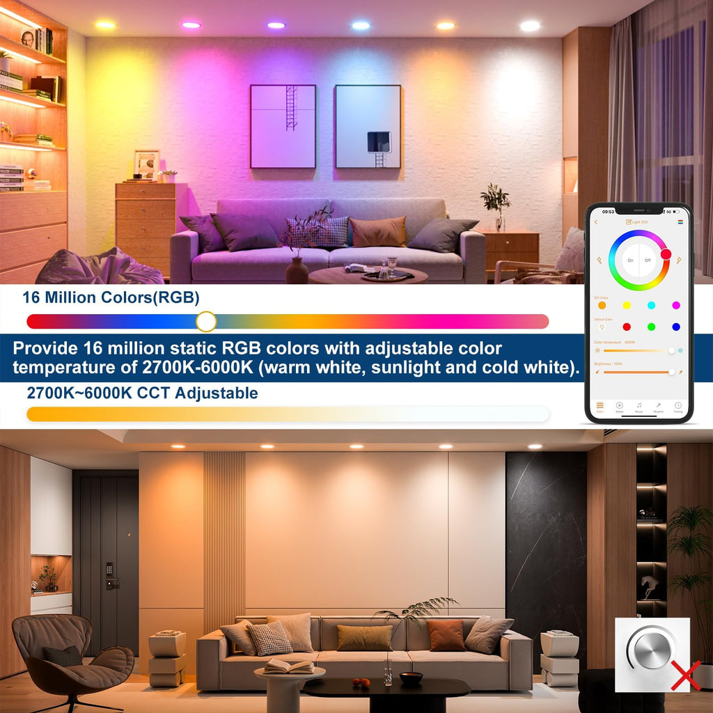 Smart Recessed Lighting 6 Inch RGBCW Color Changing 16W LED Downlight with Junction Box,1350 Lumen Recessed Ceiling
