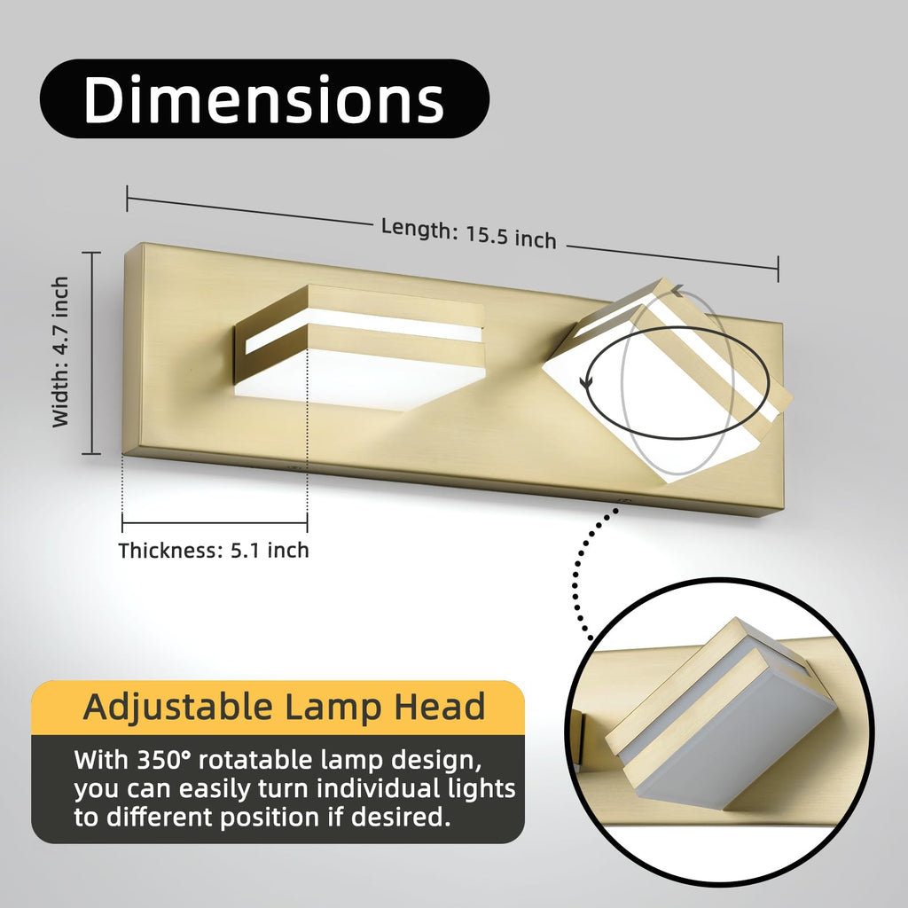 2 Light Bathroom Vanity Light Gold Modern 16W LED Dimmable Vanity Light Over Mirror 350° Adjustable Lamp Head Cold
