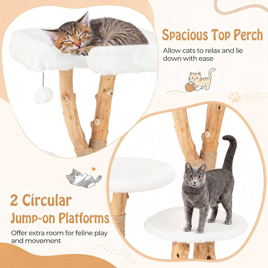 44 inch Wood Cat Tree, Modern Wooden Cat Tower with Jute Scratching Posts, Top Perch, Soft Long Plush and Dangling
