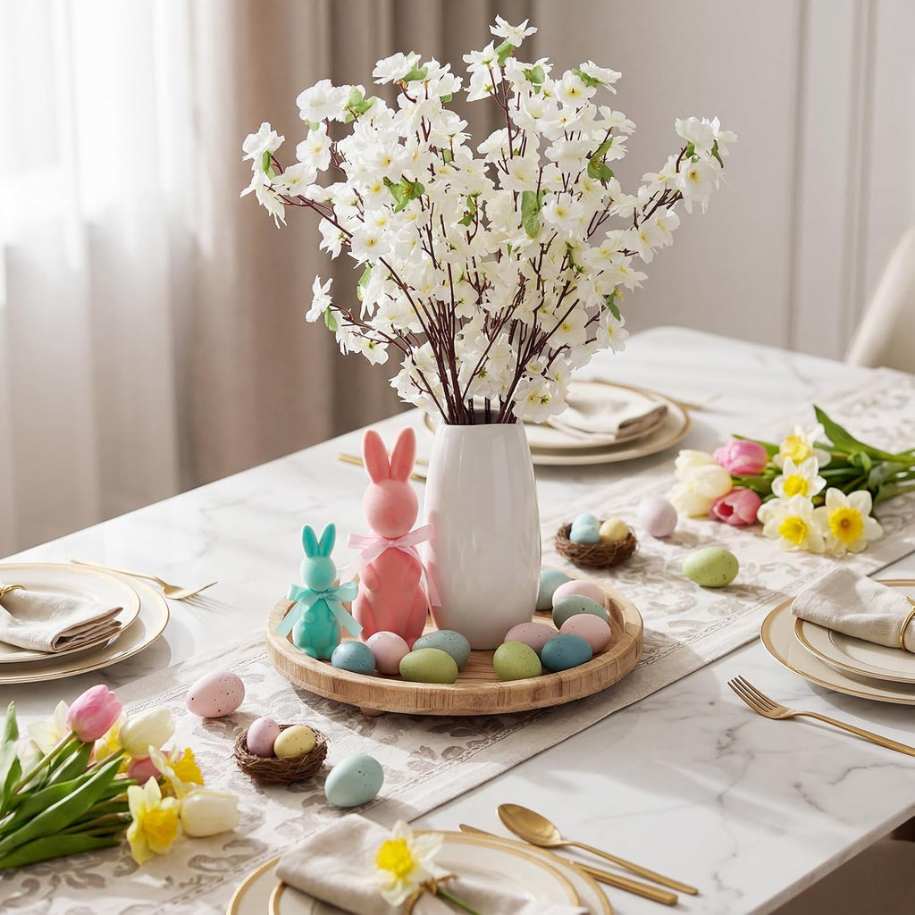 Easter Table Centerpiece Spring Tray Decoration Includes 2 Flocked Bunnies, 16 Pastel Speckled Eggs, 10 Peach - Set of 29
