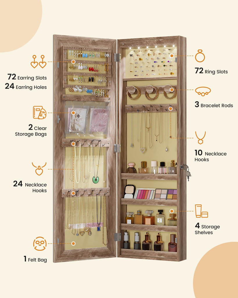 42.5" Over the Door Jewelry Organizer, Wall Mount Jewelry Cabinet, Brown