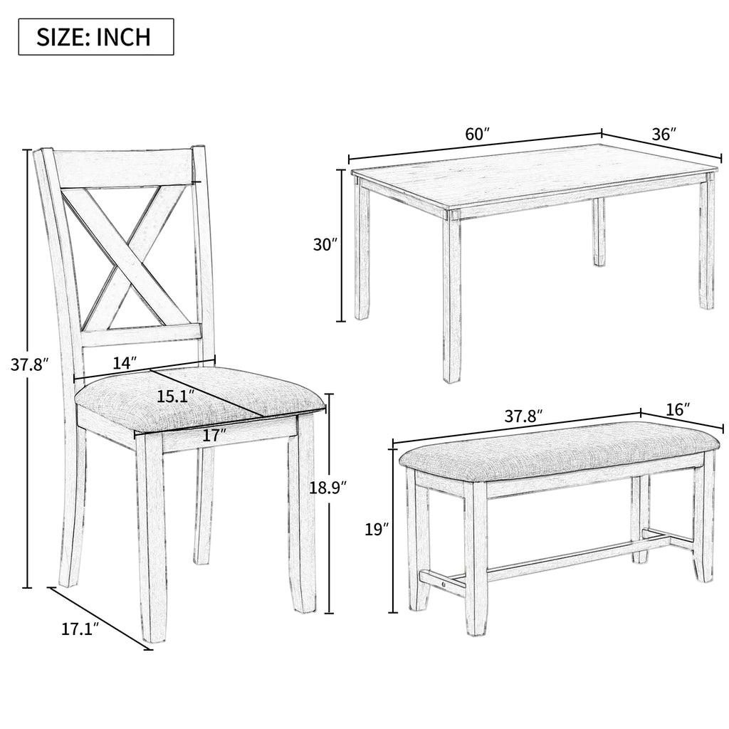 6 Piece Farmhouse Dining Table Set with Bench, Espresso