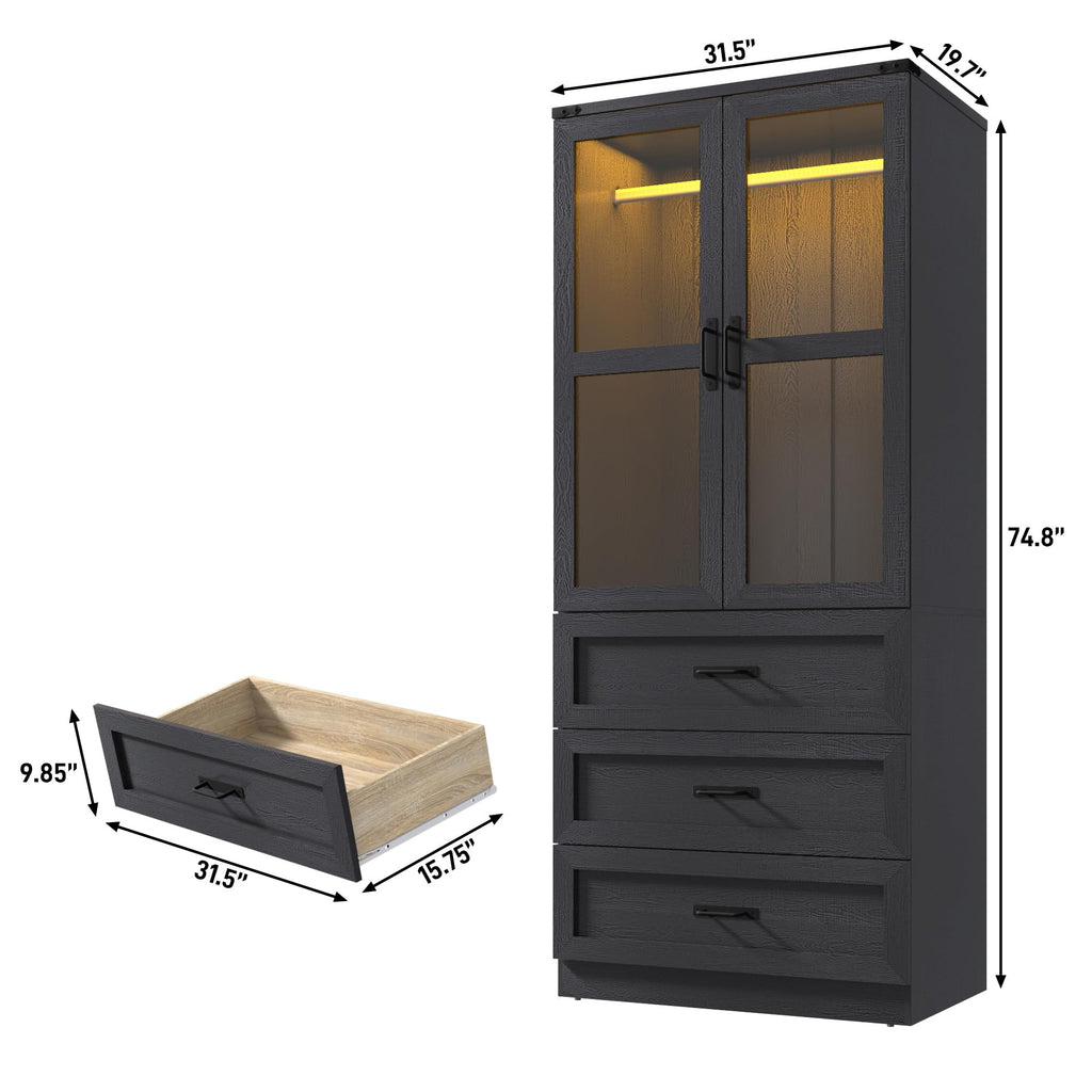 75" Tall Farmhouse 2 Doors Armoire Wardrobe Closet with 3 Drawers and LED, Freestanding Closet Wardrobe Cabinet with