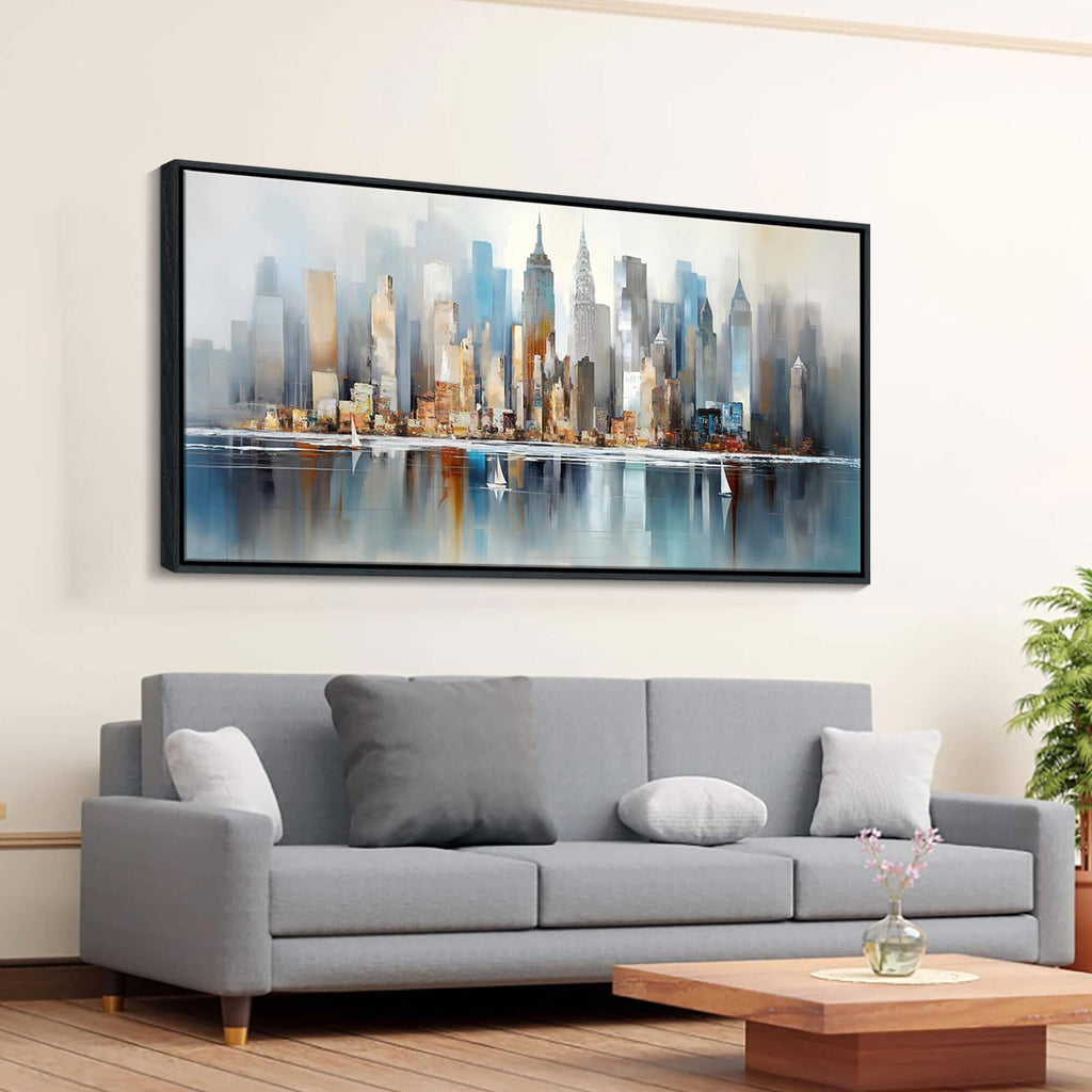 York City Skyline Abstract - Modern Manhattan City View Painting Decor - Large Framed Cityscape Wall 20"x40"