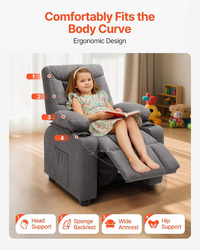 Kids Recliner Chair, Toddler Lounger with Cup Holders & Pockets, 107° to 126° Adjustable Back, Breathable Polyester