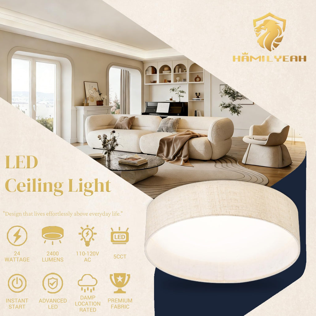 LED Flush Mount Ceiling Light Fixture Set of 2, Dimmable Ceiling Light Fixture with Fabric Shade 24W 12inch 5CCT