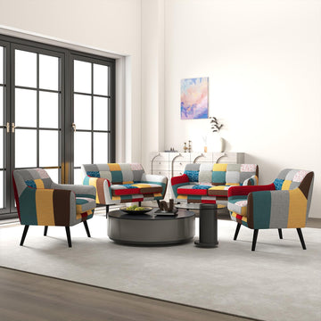 Modern Colorful 3 Piece Coroful Fabric Sofa Set, Included 2 Accent Chairs and Boho Loveseat, Linen Patchwork Plaid