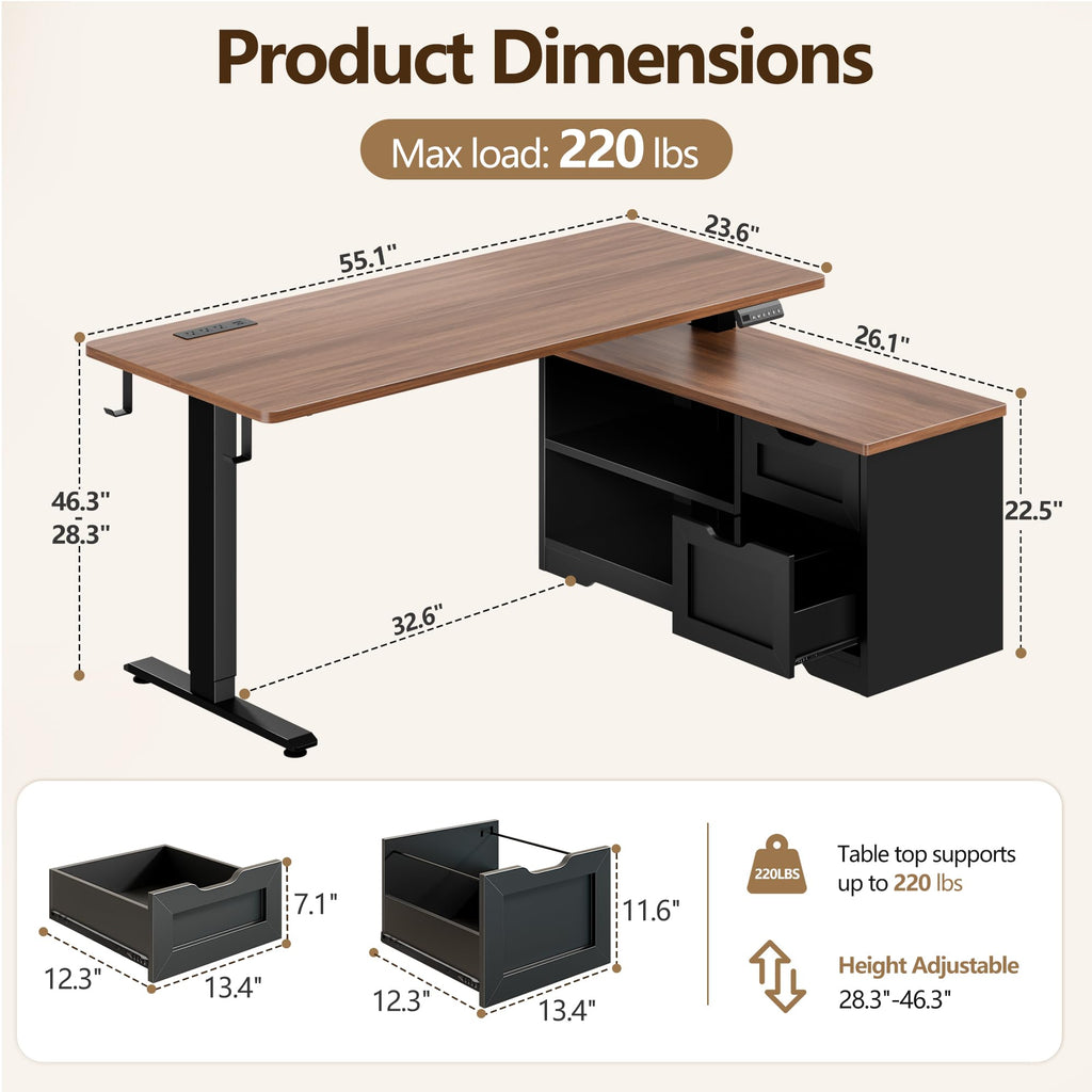 55" L Standing Desk with Storage Drawers, Memory Preset, Outlets