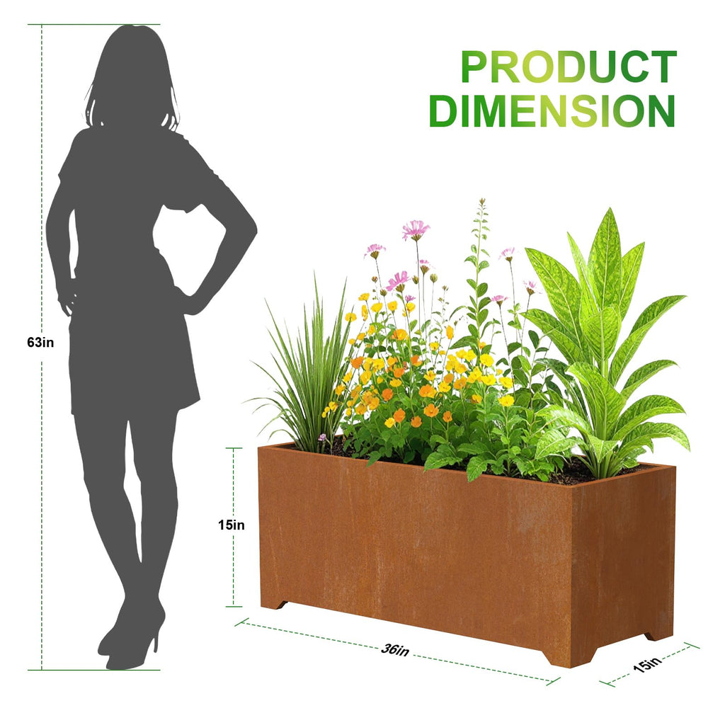 36"x15"x15" Cor ten Steel Planter Box, Large Rectangle Outdoor Planter