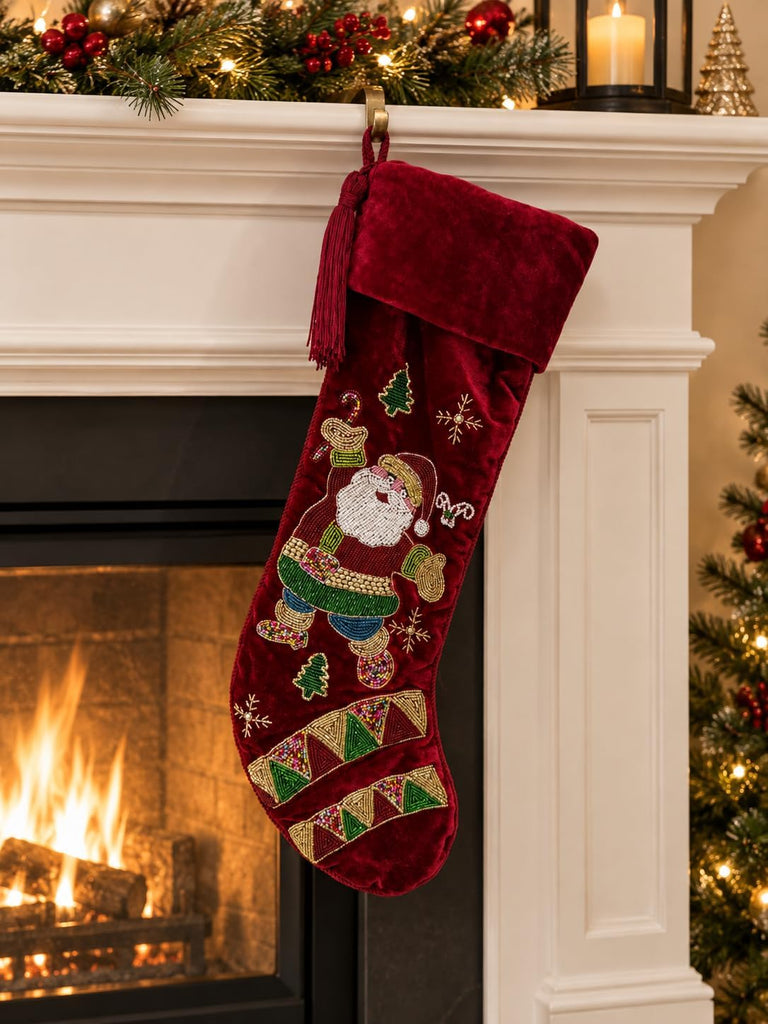 Luxury Hand Beaded Red Velvet Christmas Stocking 21 Inch Traditional Santa Claus Family Stocking, Premium Handcrafted