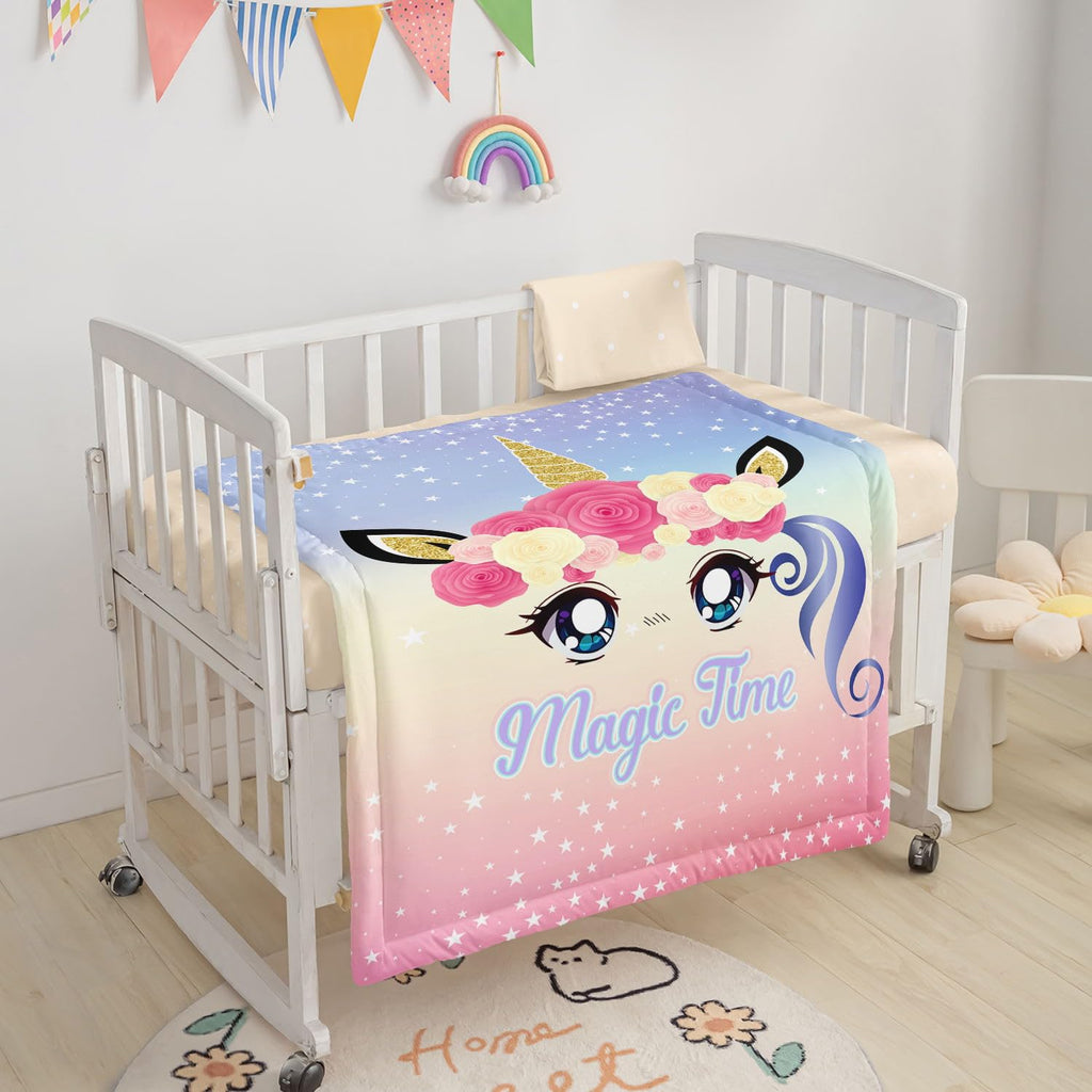 Crib Bedding Set,3pcs Nursery Crib Bedding with Comforter Crib Sheet & Crib Skirt,Lovely Unicorn Flowers Printed
