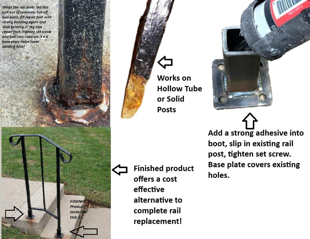 No Welding Boot Repairs-Rusty Metal Step Railing Posts Rail Base 4" Post Mount Broke Rails-Slip-Fit Handrail Bracket