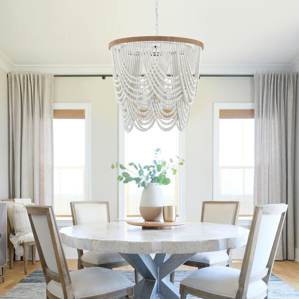 26" Boho Wood Beaded Chandelier Rustic Farmhouse Pendant Light 4-Lights Large Coastal Chandelier Dining Room Foyer