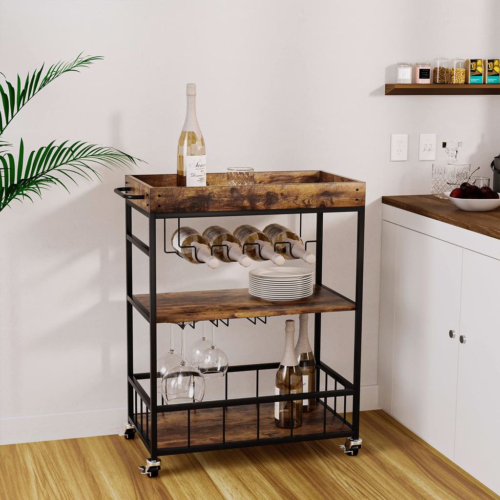 Bar Cart Serving Wine 3 Tier Home Rolling Rack with Wheels Mobile Kitchen Industrial Vintage Style Wood Metal Serving