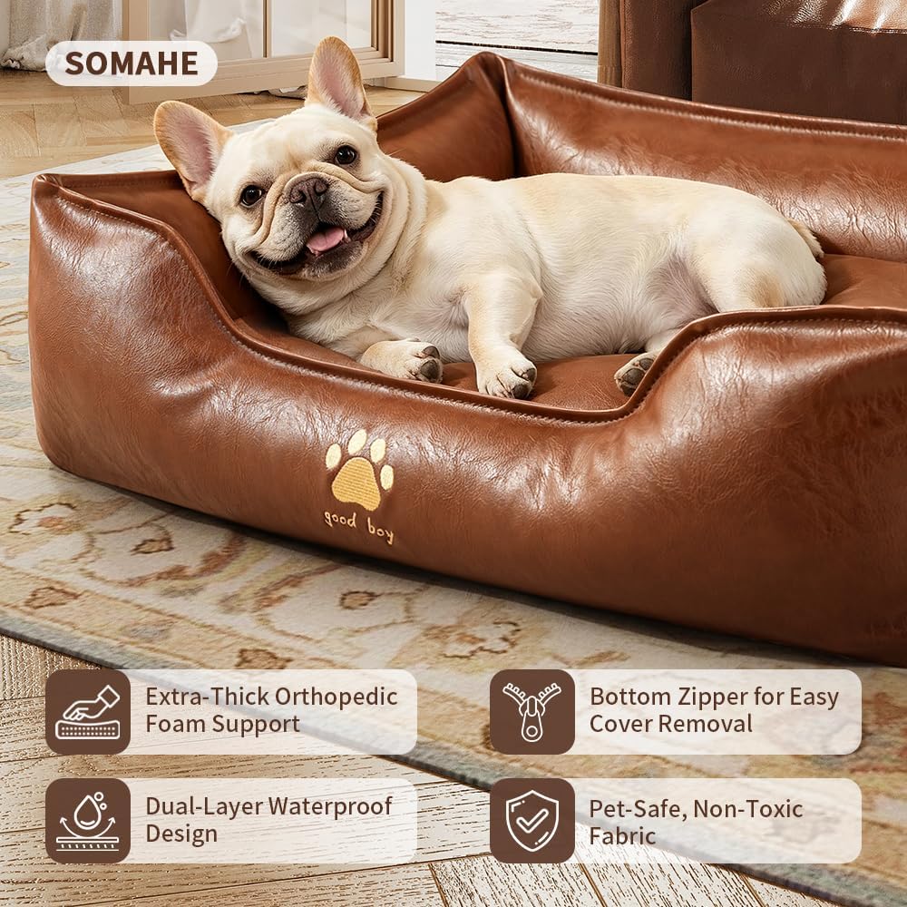 Waterproof Leather Dog Bed, Bolster Couch, 24x19x9 Brown