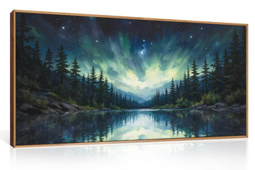 Luminous Northern Lights Forest Lake Framed Canvas Wall Art Set-40"x20"x1