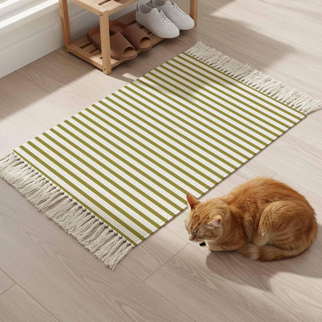 Minimalist Yellow Mustard Striped Runner Rug with Tassel Modern Art Vertical Line Print Entryway Rugs Washable