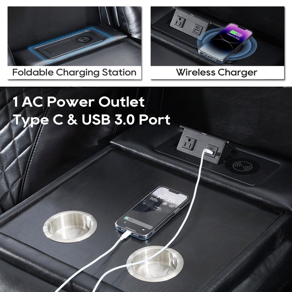 Power Reclining Sofa Couch with Wireless Charger, 3 Seaters with Recliner with Reading Light, Leather Electric 3 Seat