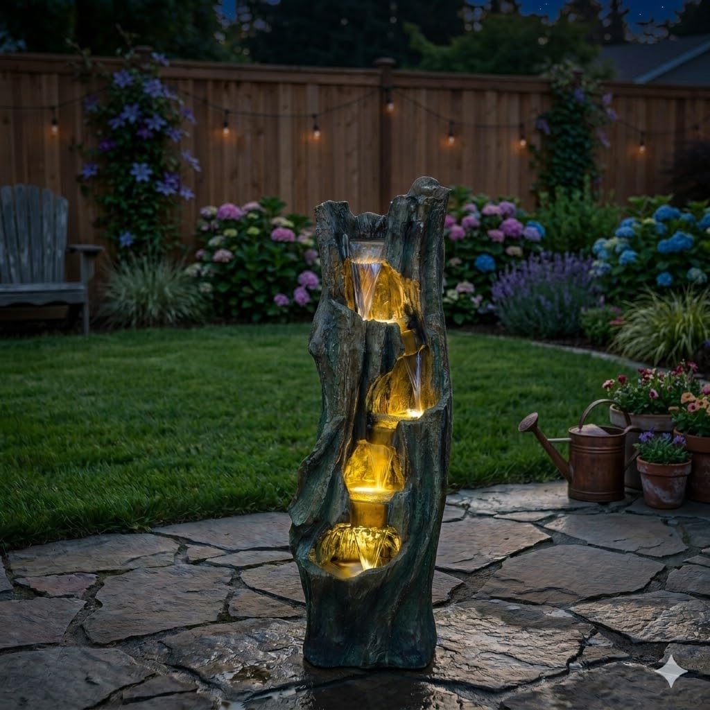 Rustic Tree Stump Fountain with LED Light, Resin Outdoor Garden Decor | Tall resin tree stump fountain with cascading