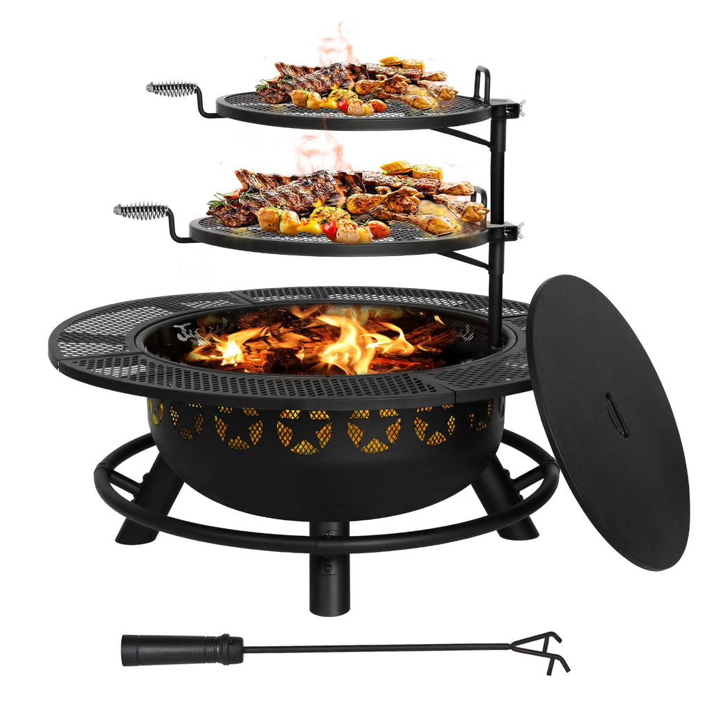 35 Inch Fire Pit with 2 Cooking Grate & Charcoal Pan, Outdoor Wood Burning BBQ Grill Firepit Bowl with Cover Lid
