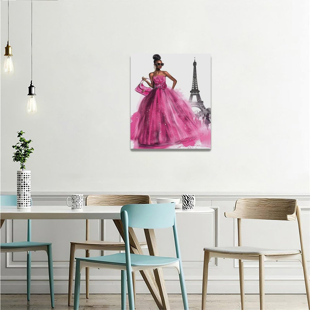 African American Canvas Wall Pink Dress Women Fashion Black Girl Pictures Decor Paris Eiffel Tower Painting Prints