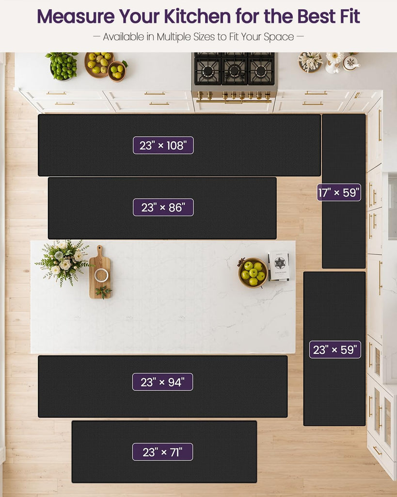 Kitchen Floor Mats Cushioned Anti Fatigue Runner, 17x29+17x59 Black | Set of 2, Waterproof Soft Comfort Rug, Memory