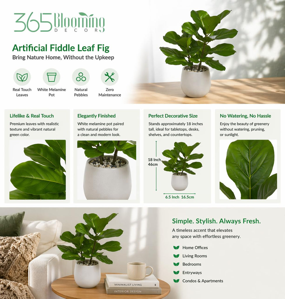 18" Artificial Fiddle Fig Plant in White Modern Pot, Real Touch Ficus Lyrata with Natural Pebbles, Faux Indoor