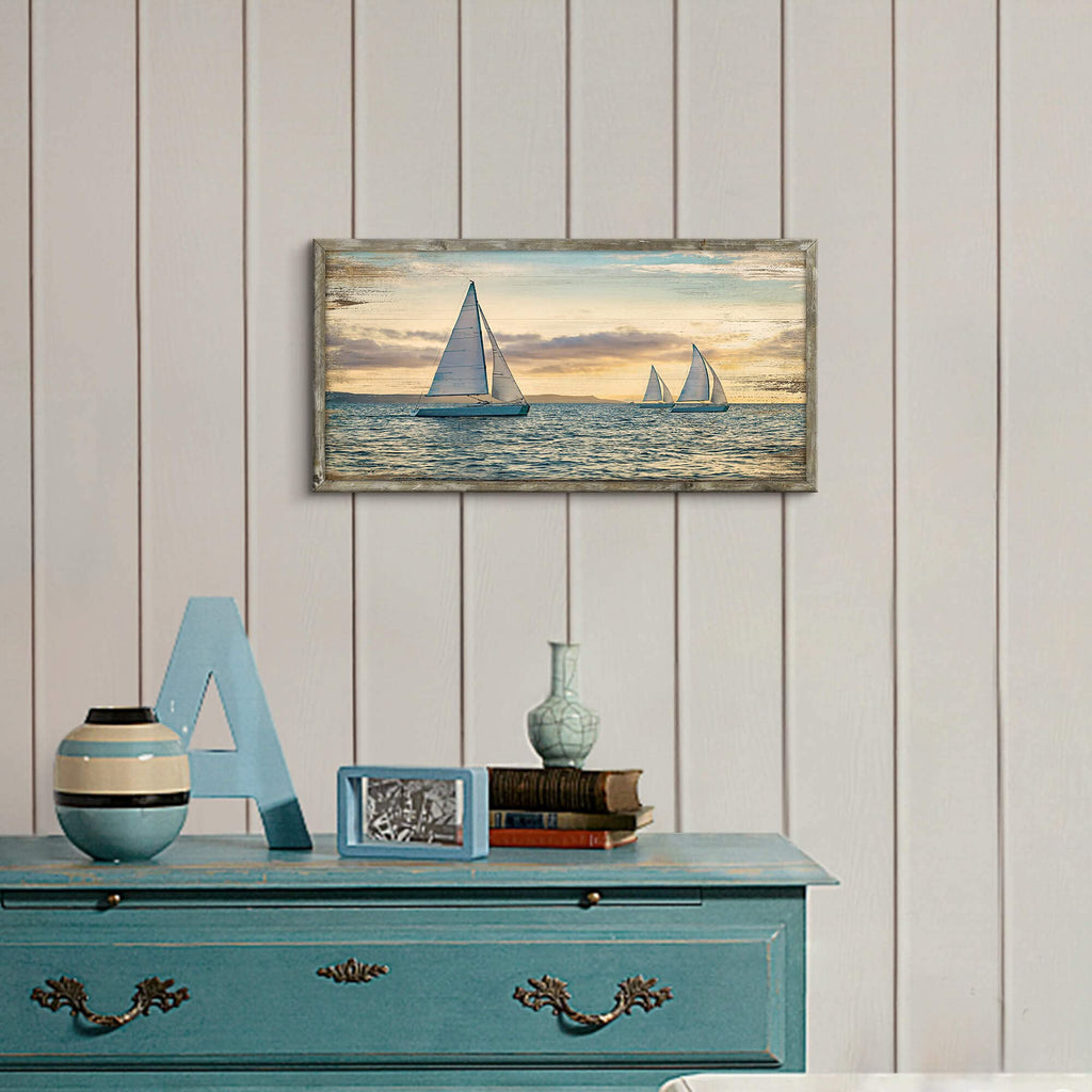 Coastal Framed Wooden Wall Art: Ocean Painting Art Sail Boats Artwork Decor Sunset Seascape Picture Prints 24"x12"