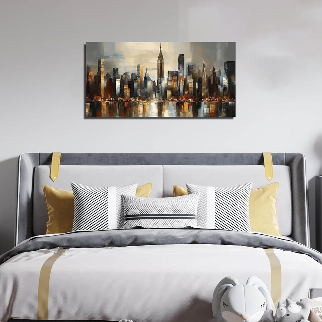 City Wall Art , Gold and Grey Wall-Decor , Modern Cityscape Poster Canvas Print, Size Inches
