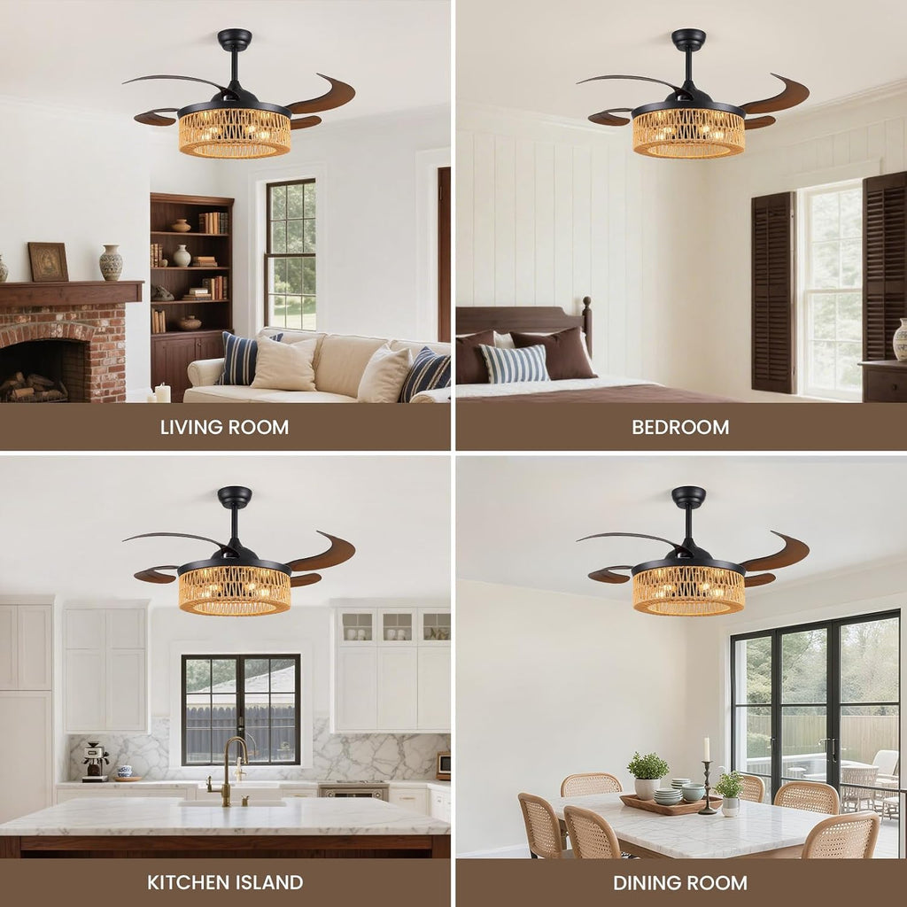 48 Inch Retractable Ceiling Fans with Lights and Remote, Boho Caged Farmhouse Ceiling Fan, Invisible Rattan Fandelier
