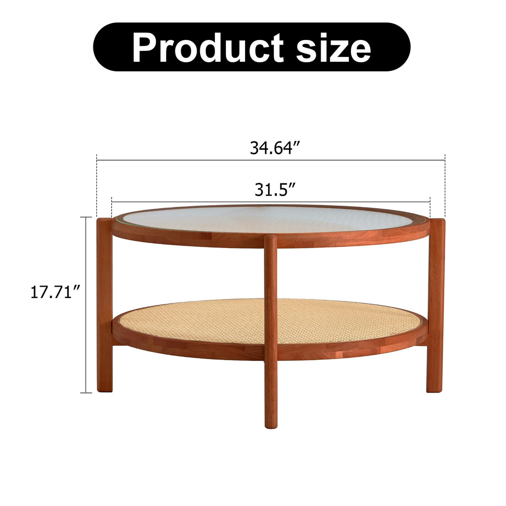 Modern Imitation Rattan Round Coffee Table Round 2-Tier Solid Wood Glass Table Top Sofa Side Tea Table Bedroom Office