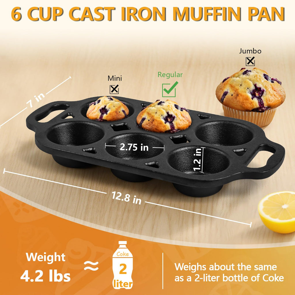 Pre-Seasoned Cast Iron Muffin Pan - 6-Cup Nonstick Cupcake Pan, 2 Piece Set