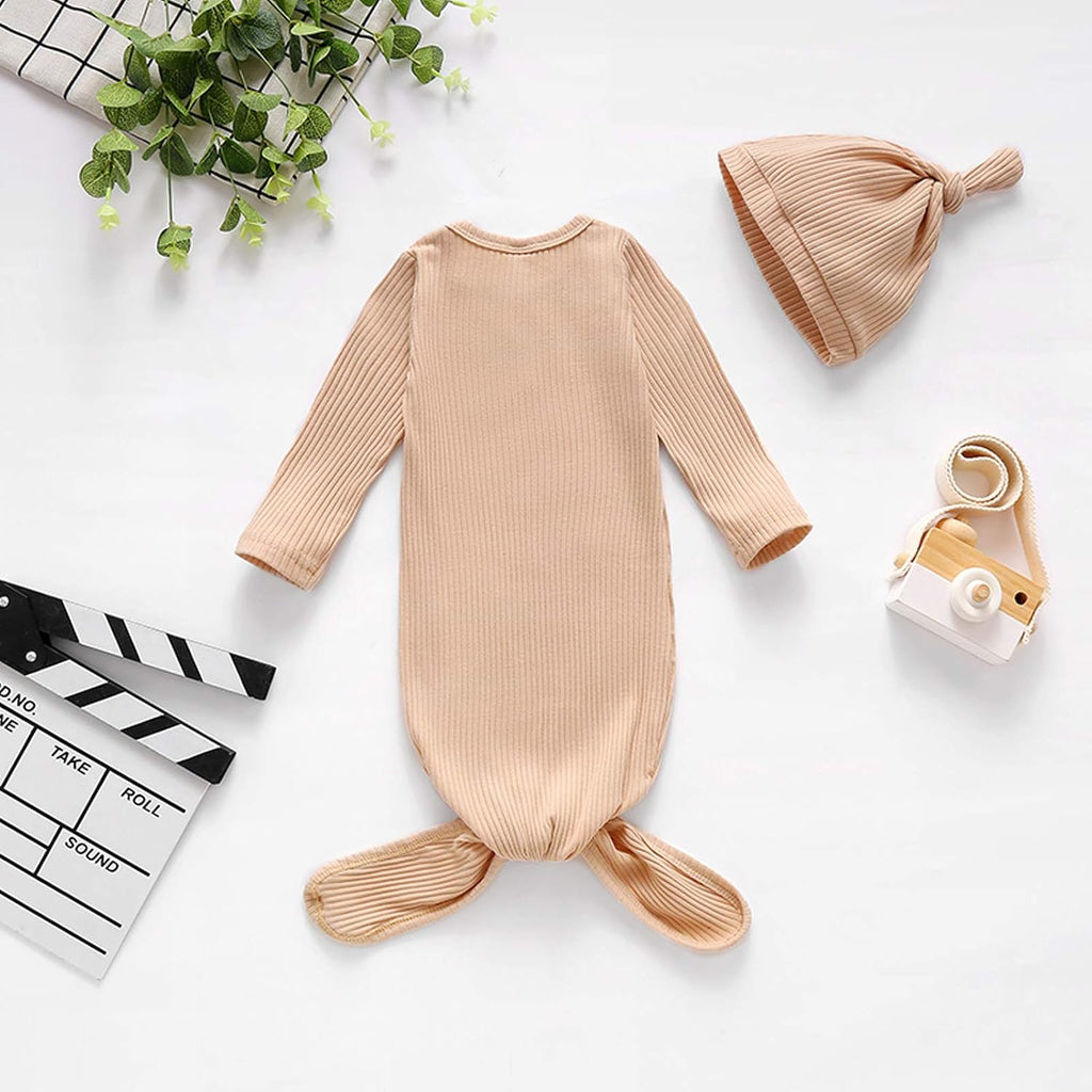 Knotted Sleeper Gown Unisex Boys Girls Sleepsuits with Mitten Cuffs and Matching Hat Baby Coming Home Outfit