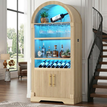 71" Tall Arched Bar Cabinet with Wine Rack and Glass Holder, Wood