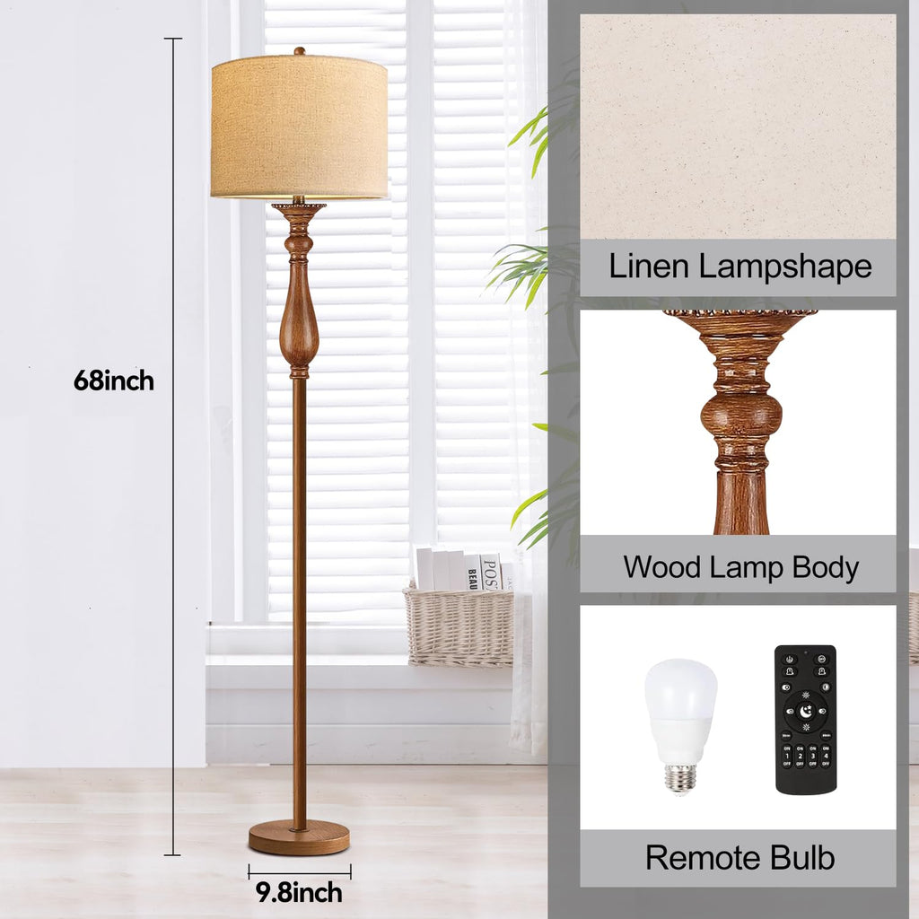 Wood Floor Lamps Farmhouse Boho Floor Lamp with Remote Control & 3 Color Temperature,Dimmable Vintage Floor Lamp Mid