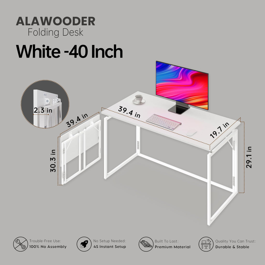 39.4" Folding Desk: No Assembly, Wood Top for Small Spaces