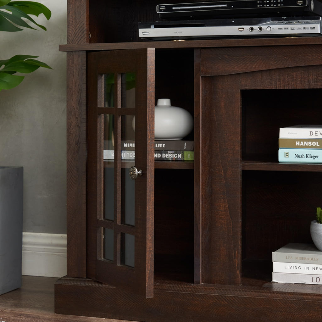 Traditional American Country Style TV Stand with Glass Door, 58"W Large Entertainment Center with Open Shelves, Home