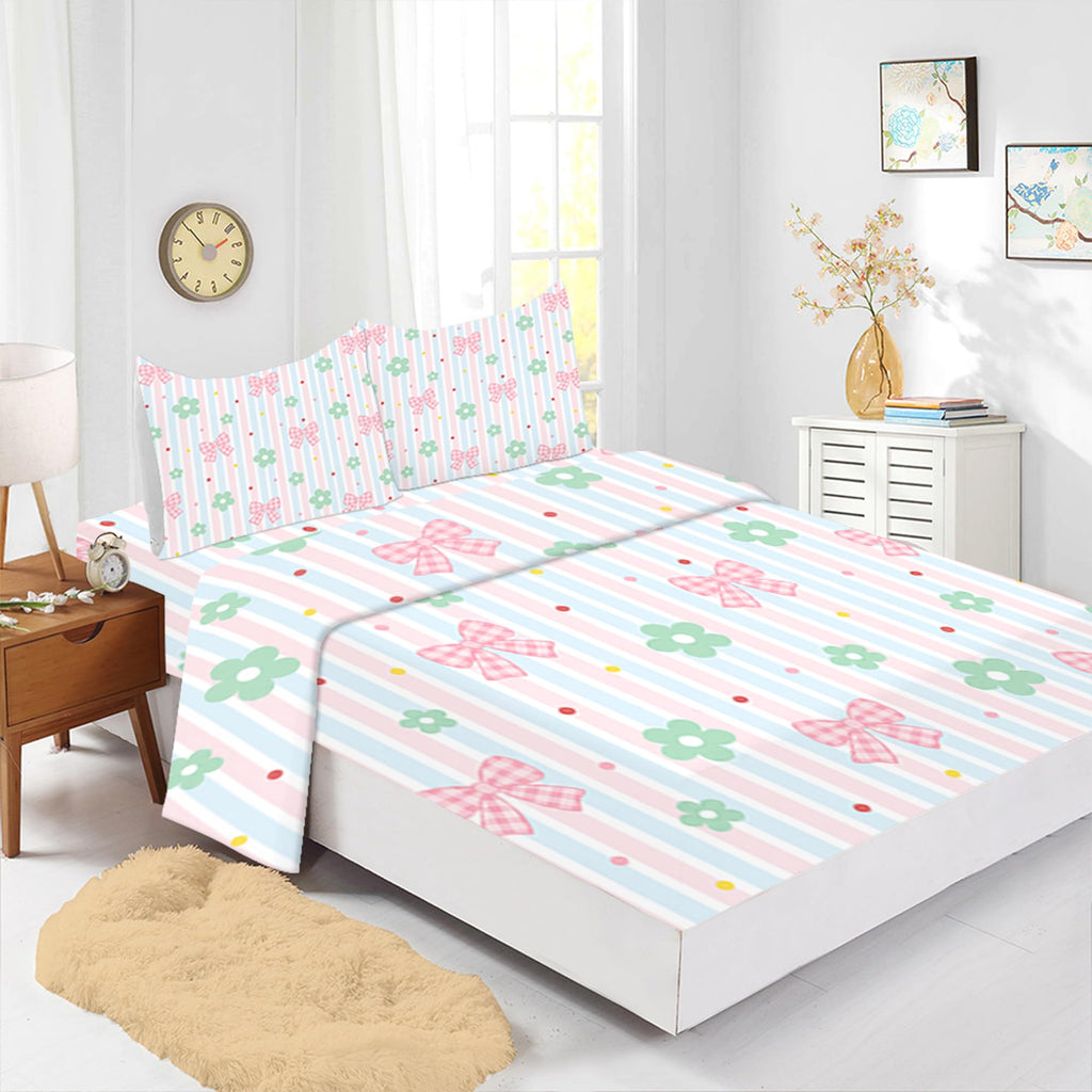 Pink Striped Gingham Bow Floral Fitted Sheet Set