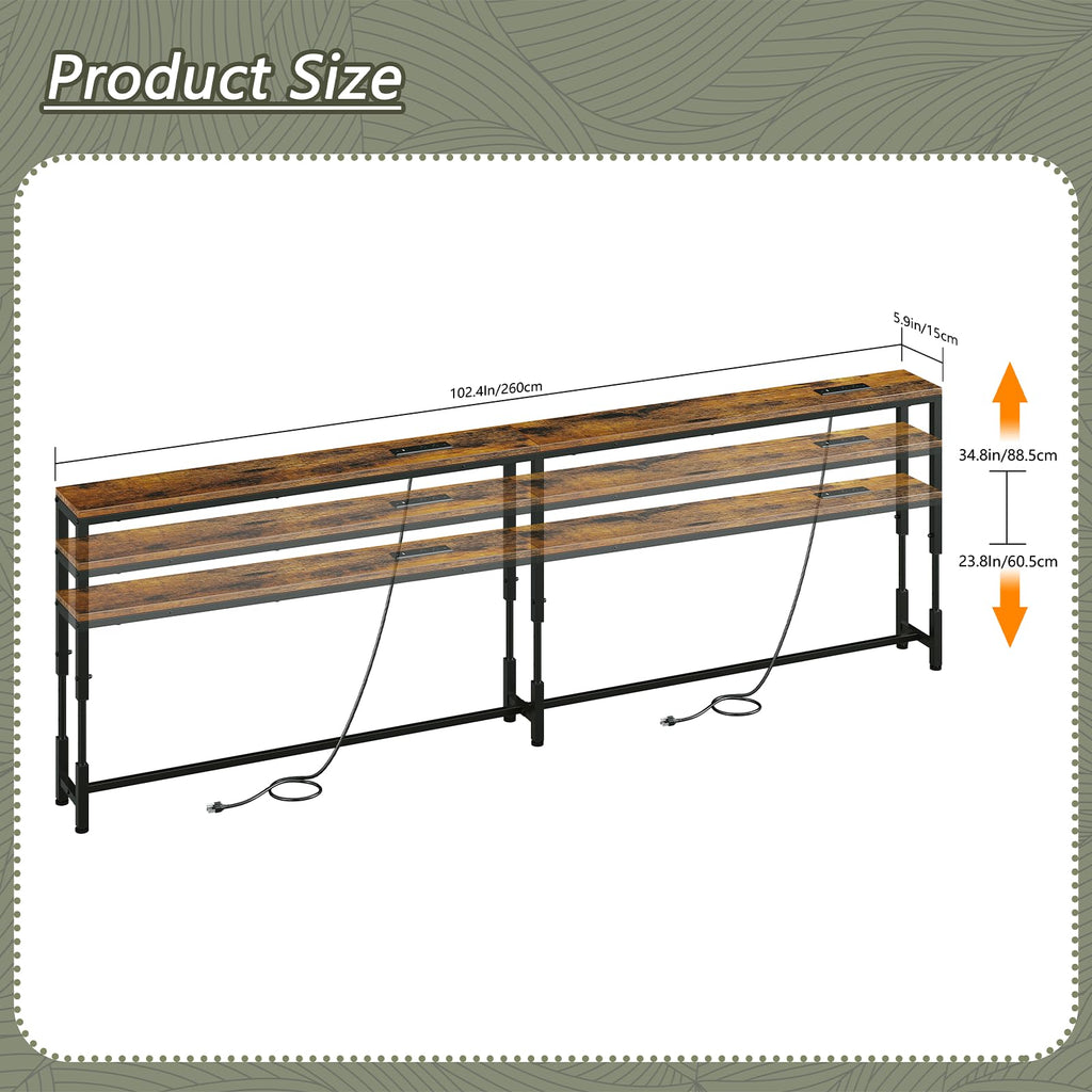 102.4" Behind Couch Table Adjustable Height 23.8~34.8" with 2 Charging Stations, 5.9" Narrow Console Table Skinny