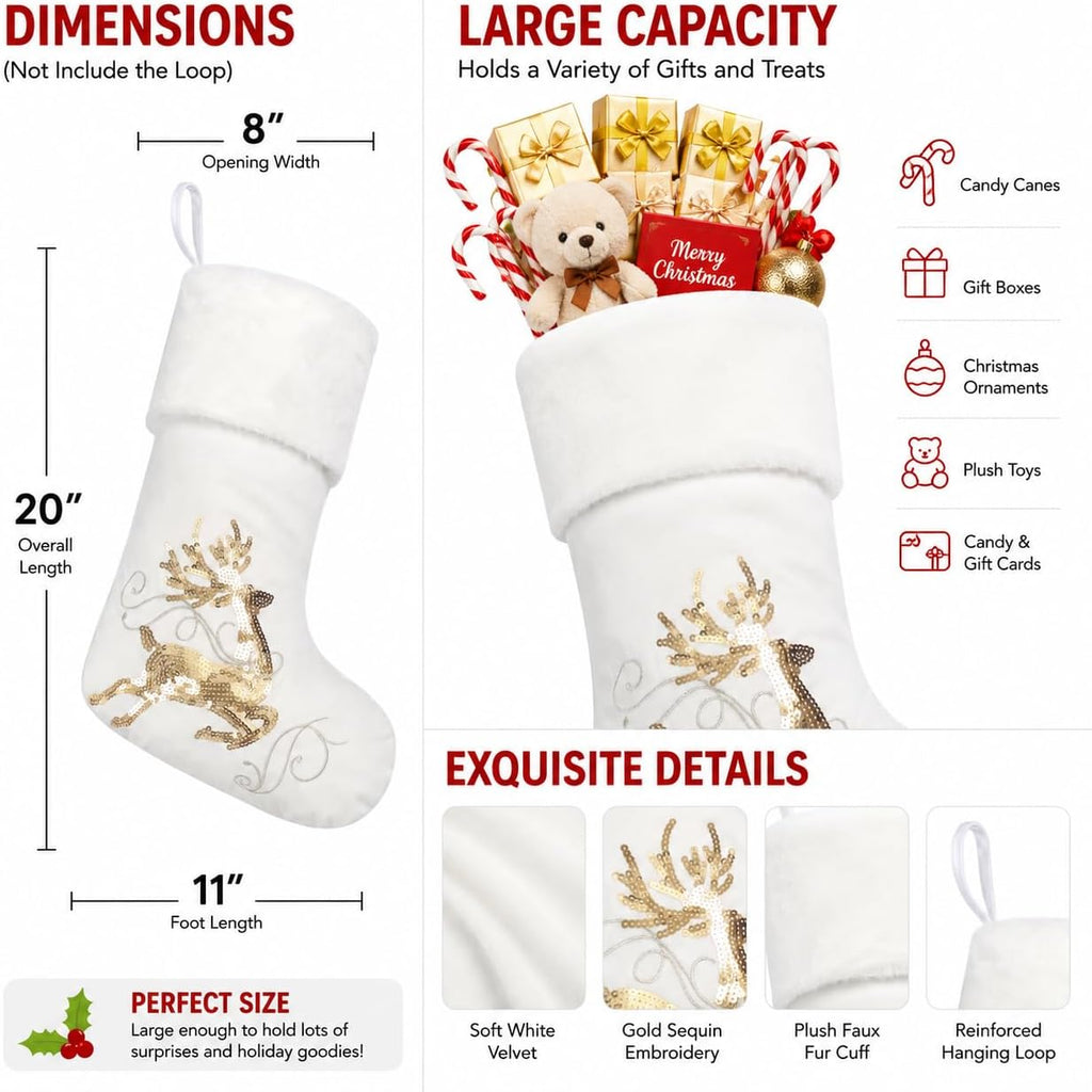Large White Velvet Christmas Stockings Set of 6 with Gold Embroidery