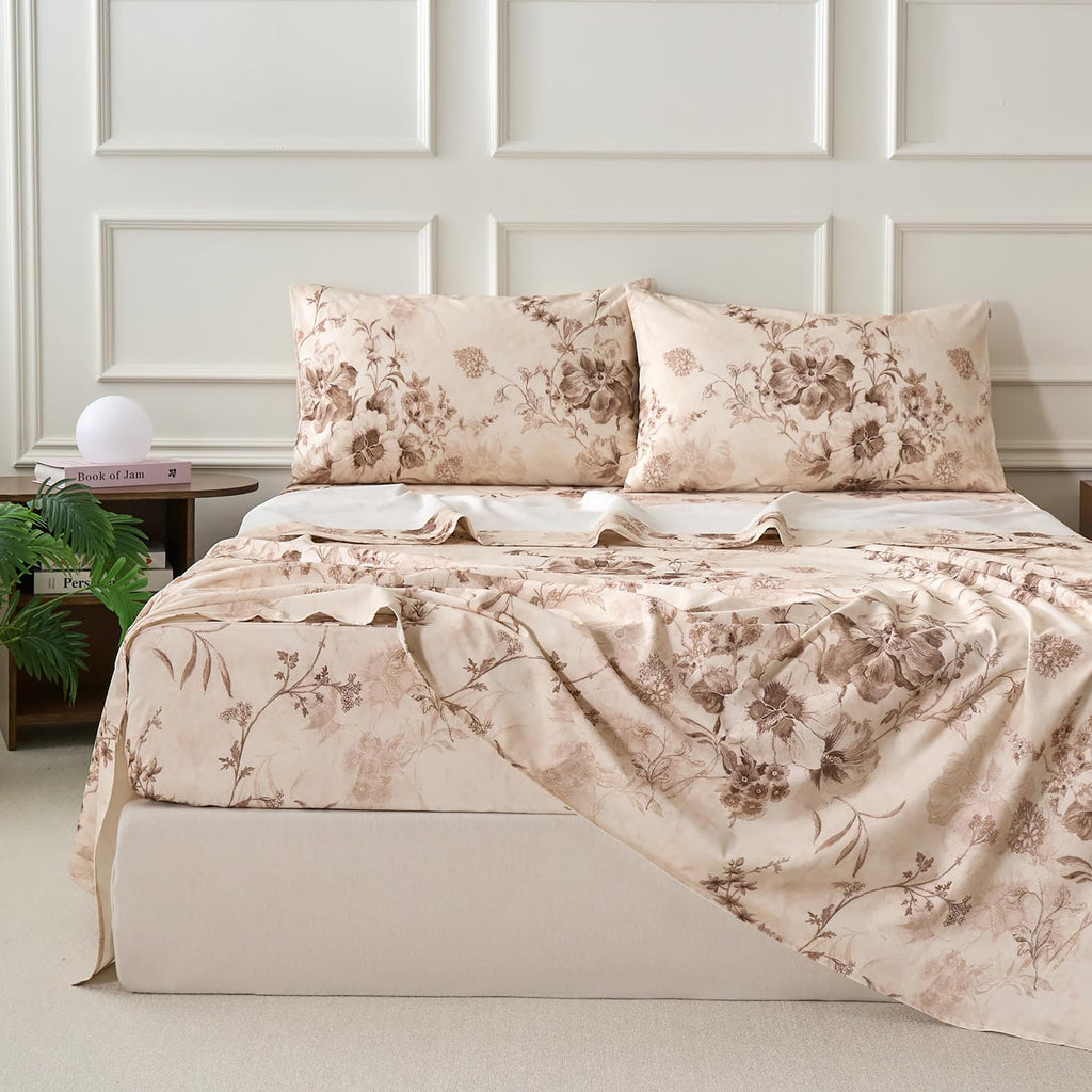 Brown Sheet Set 100% Cotton Flannel-Like Warm Luxury Peony Toile Floral Bed Sheets 4Pc Deep Pocket 17.5"