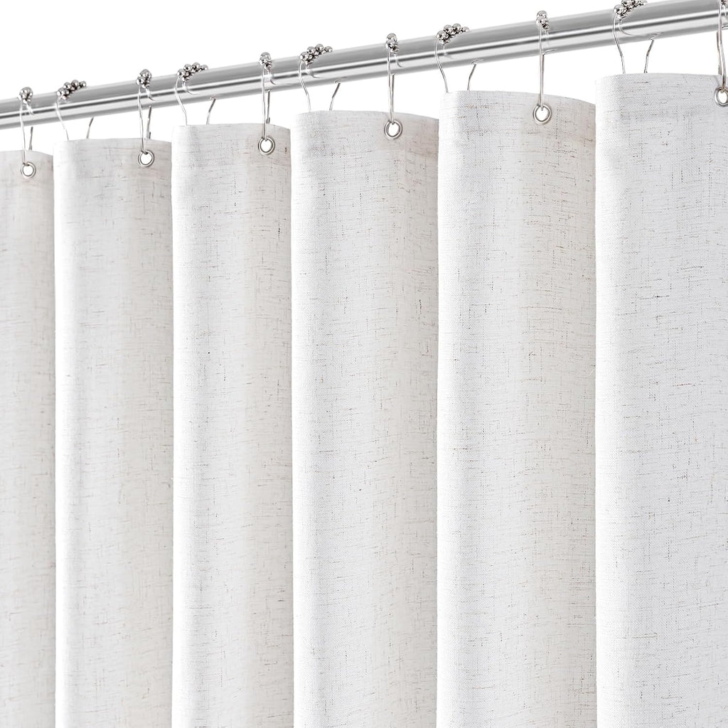 Linen Shower Curtain with 12 Hooks Modern Heavy Duty Washable Fabric Curtain Set Waterproof Thick Cloth Shower